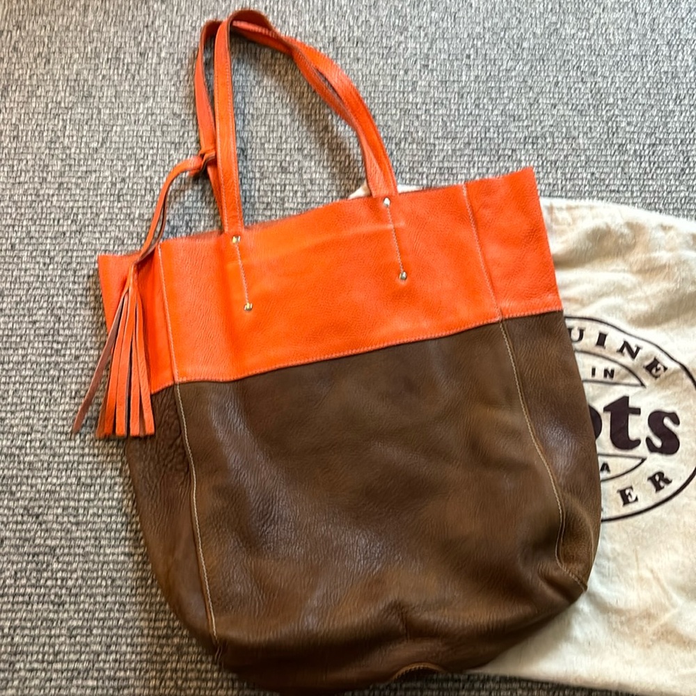 Roots Orange and Brown Leather Tote